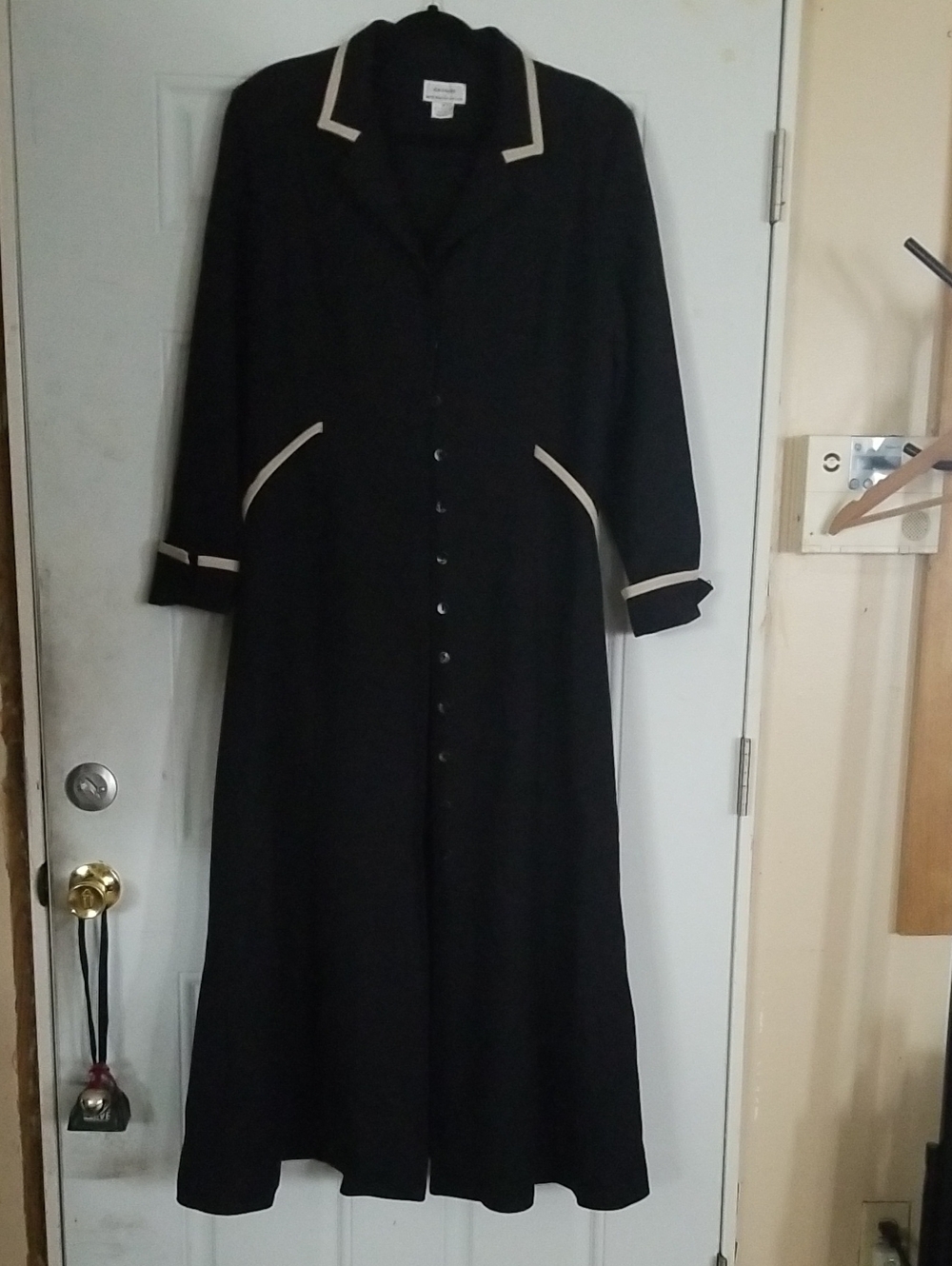 Classic Black Long Sleeve Button-Front Dress with Cream Trim